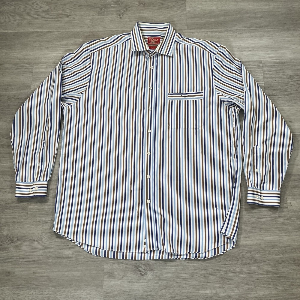 RM Williams Shirt Mens 3XL Cotton Button Up Long Sleeve Woven White Blue Brown
